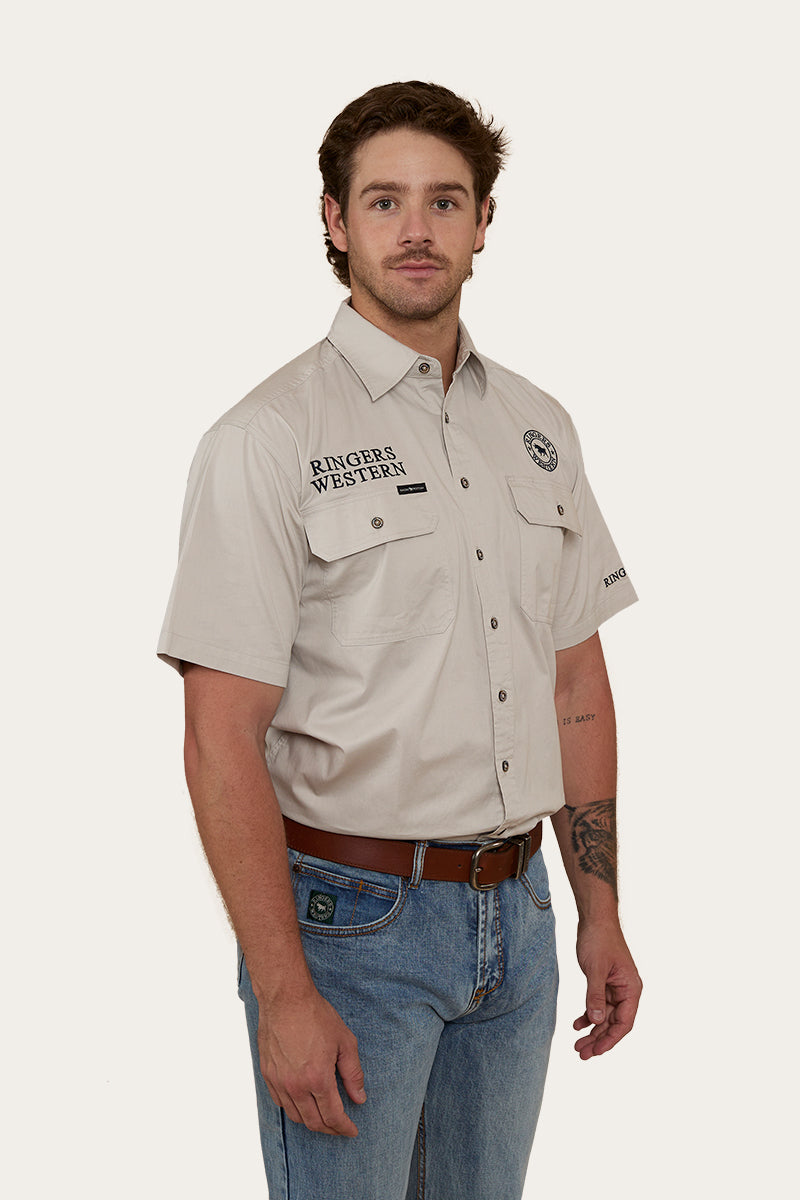 HAWKEYE MENS SHORT SLEEVE FULL BUTTON WORK SHIRT - BEIGE / NAVY